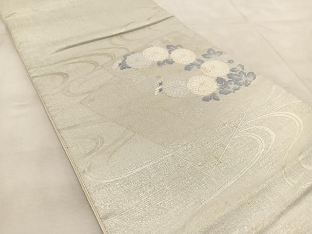 平和屋着物◎太鼓柄袋帯　唐織　色紙重ね菊水文　銀糸　正絹　逸品　BAAU9246yc