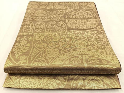 平和屋着物◎六通柄袋帯　動物更紗花文　金糸　正絹　逸品　BAAU9248yc