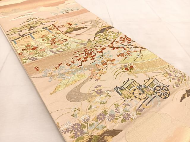 平和屋着物◎六通柄袋帯　唐織　御所車風景文　金銀糸　正絹　逸品　BAAU9264yc