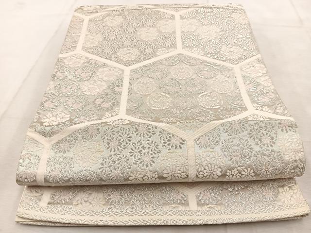 平和屋着物◎西陣　六通柄袋帯　唐織　亀甲花文　銀糸　正絹　逸品　BAAU9272yc