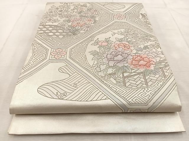 平和屋着物◎中国三大刺繍 相良刺繍 太鼓柄袋帯 蜀江風景花文 銀糸 引箔 正絹 逸品 BAAU9273yc