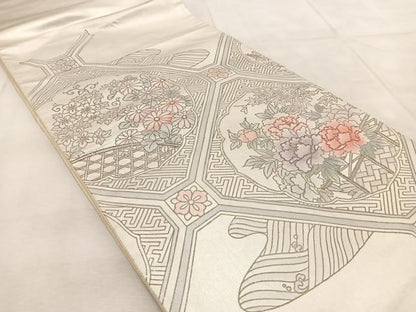 平和屋着物◎中国三大刺繍 相良刺繍 太鼓柄袋帯 蜀江風景花文 銀糸 引箔 正絹 逸品 BAAU9273yc