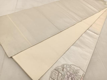 平和屋着物◎中国三大刺繍 相良刺繍 太鼓柄袋帯 蜀江風景花文 銀糸 引箔 正絹 逸品 BAAU9273yc