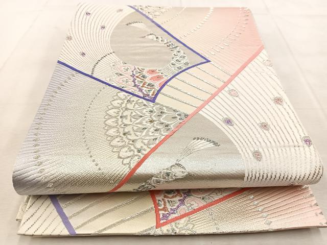 平和屋着物◎両面　全通柄袋帯　唐織　孔雀　銀糸　正絹　逸品　BAAU9274yc