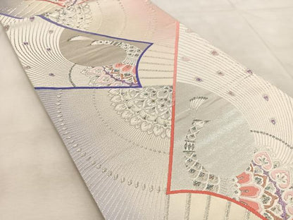 平和屋着物◎両面　全通柄袋帯　唐織　孔雀　銀糸　正絹　逸品　BAAU9274yc