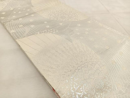 平和屋着物◎両面　全通柄袋帯　唐織　孔雀　銀糸　正絹　逸品　BAAU9274yc