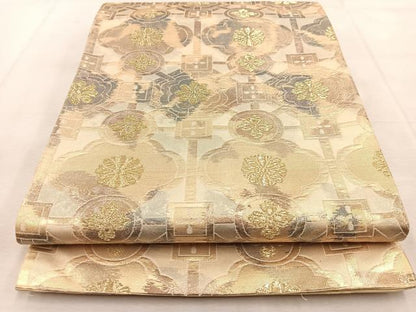 平和屋着物◎西陣　六通柄袋帯　幾何学花文　金糸　引箔　証紙付き　正絹　逸品　BAAU9275yc
