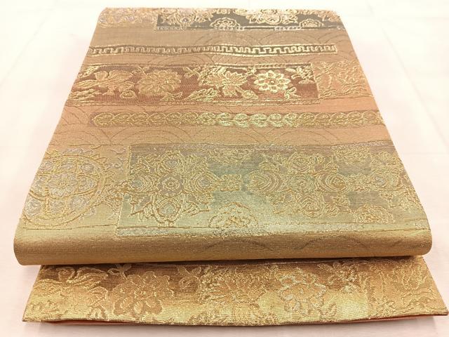 平和屋着物◎六通柄袋帯　更紗花鳥文　金銀糸　引箔　正絹　逸品　BAAU9277yc