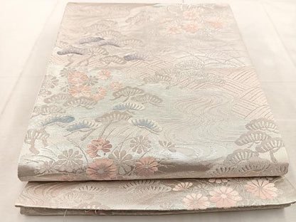 平和屋着物◎六通柄袋帯　唐織　流水草花文　銀糸　正絹　逸品　BAAU9278yc