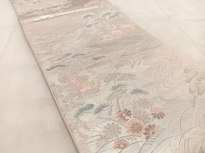 平和屋着物◎六通柄袋帯　唐織　流水草花文　銀糸　正絹　逸品　BAAU9278yc