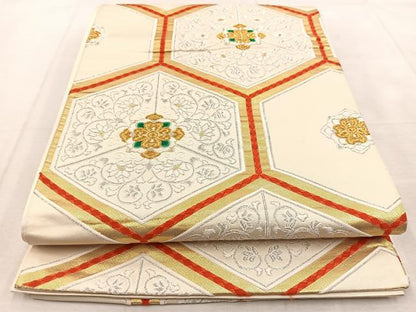平和屋着物◎西陣　六通柄袋帯　唐織　亀甲花文　金銀糸　正絹　逸品　BAAU9281yc