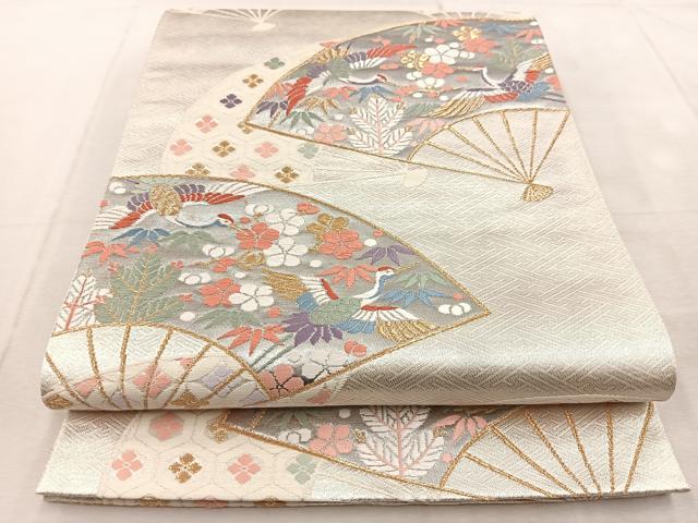 平和屋着物◎六通柄袋帯 唐織 扇面飛鶴松竹梅文 金銀糸 正絹 逸品 BAAU9292yc