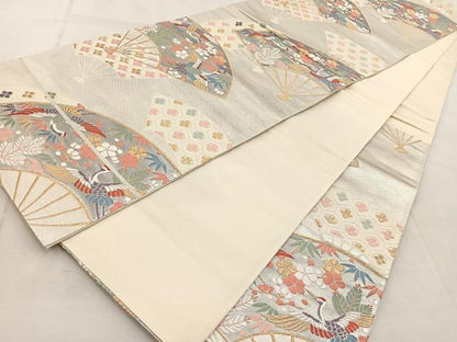 平和屋着物◎六通柄袋帯 唐織 扇面飛鶴松竹梅文 金銀糸 正絹 逸品 BAAU9292yc