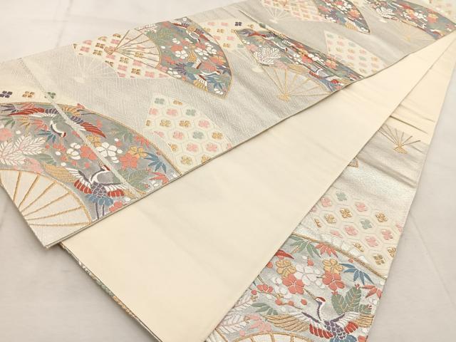 平和屋着物◎六通柄袋帯 唐織 扇面飛鶴松竹梅文 金銀糸 正絹 逸品 BAAU9292yc