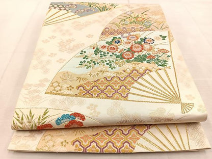 平和屋着物◎六通柄袋帯　唐織　扇面吉祥花文　金糸　正絹　逸品　BAAU9294yc