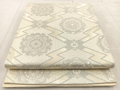 平和屋着物◎六通柄袋帯　松皮菱花文　銀糸　正絹　逸品　BAAU9298yc