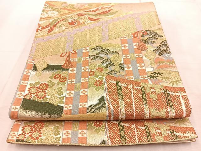 平和屋着物◎六通柄袋帯　唐織　鳳凰几帳風景文　金糸　正絹　逸品　BAAU9302yc