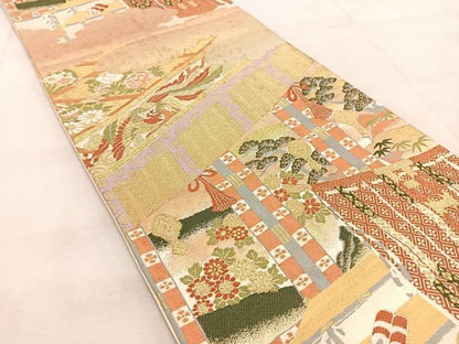 平和屋着物◎六通柄袋帯　唐織　鳳凰几帳風景文　金糸　正絹　逸品　BAAU9302yc