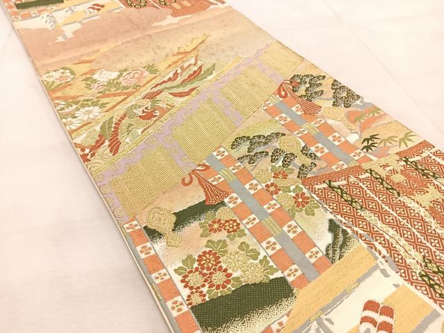 平和屋着物◎六通柄袋帯　唐織　鳳凰几帳風景文　金糸　正絹　逸品　BAAU9302yc