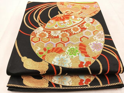 平和屋着物◎六通柄袋帯　唐織　独楽　黒地　金銀糸　正絹　逸品　BAAU9310yc