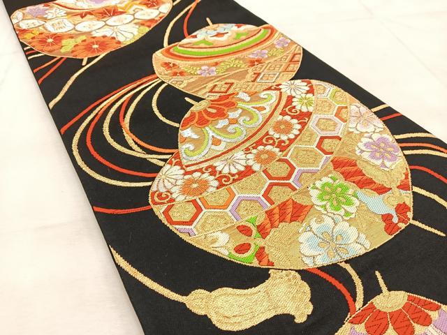 平和屋着物◎六通柄袋帯　唐織　独楽　黒地　金銀糸　正絹　逸品　BAAU9310yc