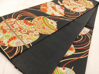 平和屋着物◎六通柄袋帯　唐織　独楽　黒地　金銀糸　正絹　逸品　BAAU9310yc