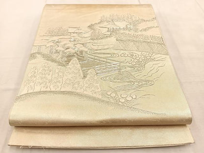 平和屋着物◎太鼓柄袋帯　総刺繍　銀駒刺繍　庭園風景文　金糸　引箔　正絹　逸品　BAAU9341yc