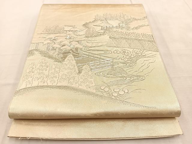 平和屋着物◎太鼓柄袋帯　総刺繍　銀駒刺繍　庭園風景文　金糸　引箔　正絹　逸品　BAAU9341yc