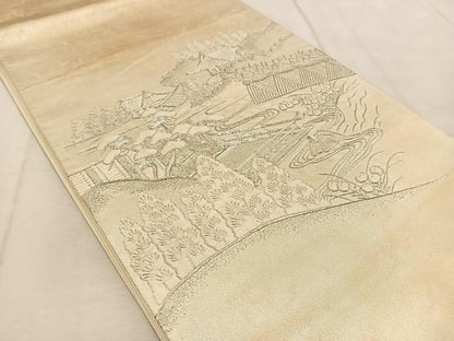 平和屋着物◎太鼓柄袋帯　総刺繍　銀駒刺繍　庭園風景文　金糸　引箔　正絹　逸品　BAAU9341yc