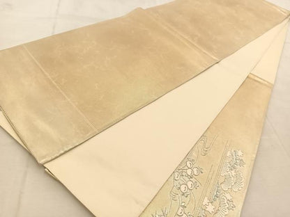 平和屋着物◎太鼓柄袋帯　総刺繍　銀駒刺繍　庭園風景文　金糸　引箔　正絹　逸品　BAAU9341yc
