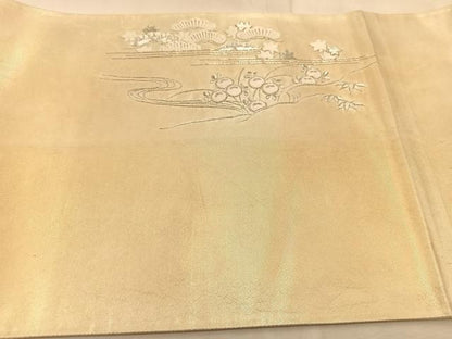 平和屋着物◎太鼓柄袋帯　総刺繍　銀駒刺繍　庭園風景文　金糸　引箔　正絹　逸品　BAAU9341yc