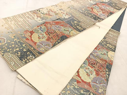 平和屋着物◎六通柄袋帯　唐織　誰が袖飛鶴更紗花文　金糸　正絹　逸品　BAAU9354yc