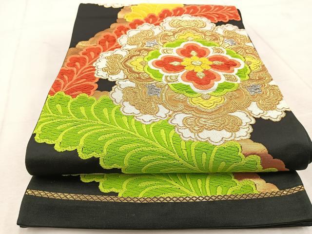 平和屋着物◎六通柄袋帯　唐織　正倉院花文　黒地　金銀糸　正絹　逸品　BAAU9359yc