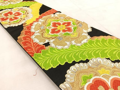 平和屋着物◎六通柄袋帯　唐織　正倉院花文　黒地　金銀糸　正絹　逸品　BAAU9359yc