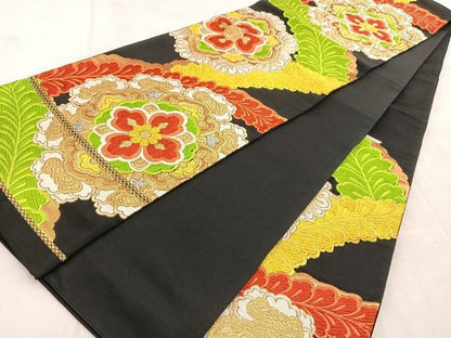 平和屋着物◎六通柄袋帯　唐織　正倉院花文　黒地　金銀糸　正絹　逸品　BAAU9359yc