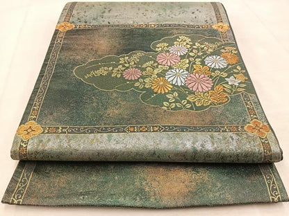 平和屋着物◎太鼓柄袋帯　唐織　雲取り菊花文　金銀糸　引箔　正絹　逸品　BAAU9369yc