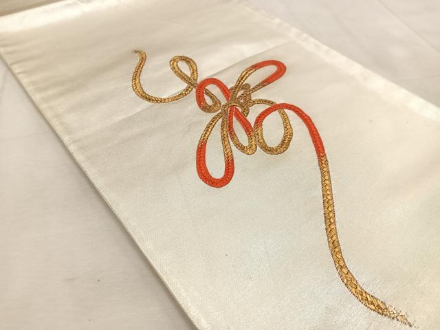 平和屋着物◎太鼓柄袋帯　総刺繍　結び紐紋　金銀糸　正絹　逸品　BAAU9375yc