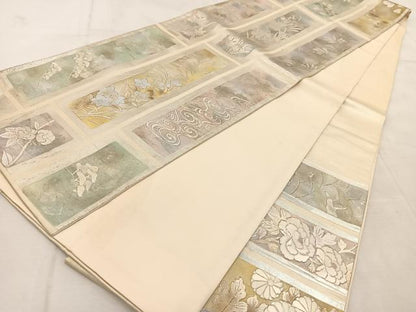 平和屋着物◎六通柄袋帯　銀駒刺繍　短冊風景花文　金銀糸　引箔　正絹　逸品　BAAU9382yc