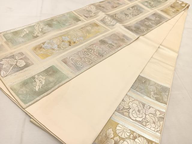 平和屋着物◎六通柄袋帯　銀駒刺繍　短冊風景花文　金銀糸　引箔　正絹　逸品　BAAU9382yc