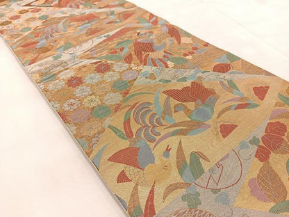 平和屋着物◎六通柄袋帯　切嵌花鳥文　金糸　正絹　逸品　BAAU9388yc