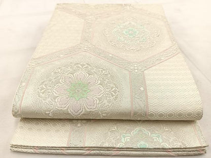 平和屋着物◎六通柄袋帯　唐織　亀甲花文　銀糸　正絹　逸品　BAAU9399yc