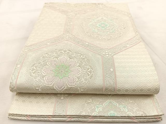 平和屋着物◎六通柄袋帯　唐織　亀甲花文　銀糸　正絹　逸品　BAAU9399yc