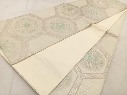 平和屋着物◎六通柄袋帯　唐織　亀甲花文　銀糸　正絹　逸品　BAAU9399yc