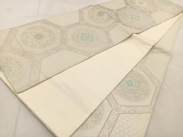 平和屋着物◎六通柄袋帯　唐織　亀甲花文　銀糸　正絹　逸品　BAAU9399yc