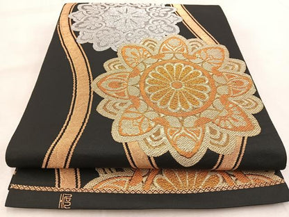 平和屋着物◎六通柄　本袋帯　立涌正倉院花文　黒地　金銀糸　BAAU9406yc
