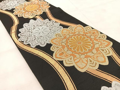 平和屋着物◎六通柄　本袋帯　立涌正倉院花文　黒地　金銀糸　BAAU9406yc