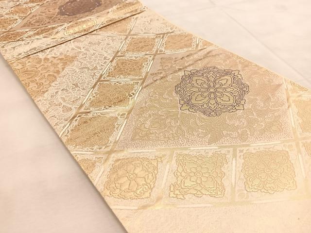 平和屋着物◎六通柄袋帯　菱天井更紗花鳥文　金糸　正絹　逸品　BAAU9410yc