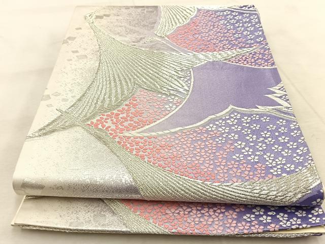平和屋着物◎六通柄袋帯　唐織　飛鶴梅文　銀糸　正絹　逸品　BAAU9416yc
