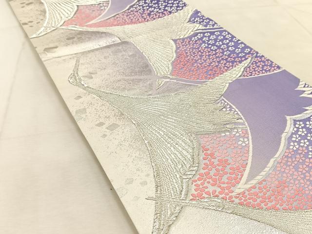 平和屋着物◎六通柄袋帯　唐織　飛鶴梅文　銀糸　正絹　逸品　BAAU9416yc