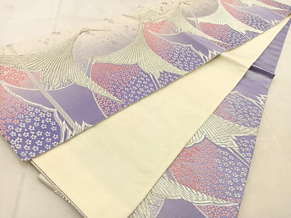 平和屋着物◎六通柄袋帯　唐織　飛鶴梅文　銀糸　正絹　逸品　BAAU9416yc
